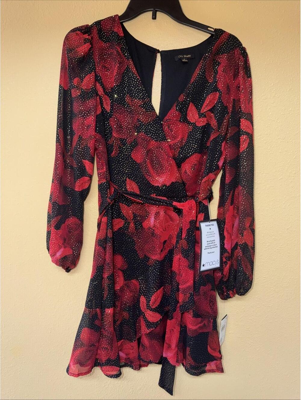 City Studio Red Black Glittery Floral Long-Sleeve Junior Dress Size 7